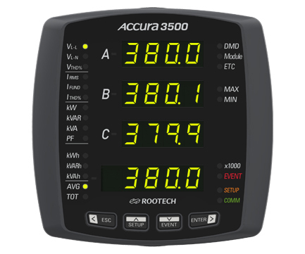 Accura 3500 디지털 파워미터의 전면은 전력 계측 정보와 설정, 이벤트 정보를 보여주는 세그먼트 화면과 전압, 전류, 전력, 전력량의 파라미터를 나타내는 LED로 구성된다.