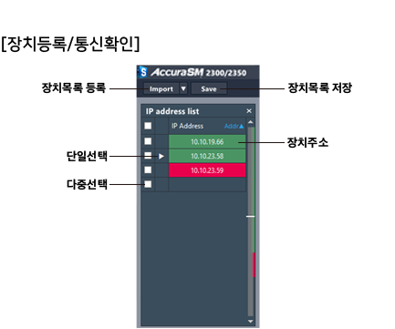Accura Setup Manager 프로그램은 연결된 Accura 디바이스의 장치 등록/설정과 상태를 확인할 수 있다.