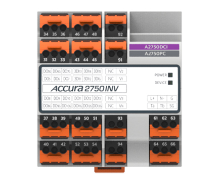 Accura 2750 INV/VOL 모듈은 인버터로 구동되는 모터유닛의 인버터 출력전압을 계측하여 Accura 2750PC로 통신 전송하며, RS-485 통신 포트를 지원한다. 내장된 디지털 입력/출력 채널로 인버터와 인터페이스를 구현할 수 있다.