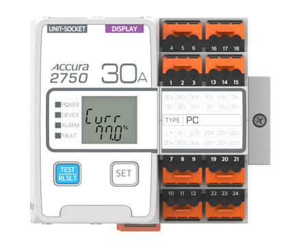 Accura 2750p/pc는 MCC의 모터유닛에 설치되어 모터의 전류를 계측하여 모터를 보호한다. 과부하 보호, 과전류 계전 등 보호 기능을 수행하고, 제품 전면에 power, device, alarm, fault 표시 LED와 Digital Input, Digital Output 채널을 내장하고 있다.