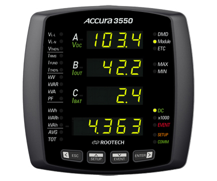 Accura 3550 정류기반 디지털 파워미터는 정류기반의 전압/전류/전력/전력량 등 전력 계측 정보와 퓨즈소손/전압개방/블랙아웃/온도 이벤트 정보를 세그먼트 화면과 LED로 보여준다.